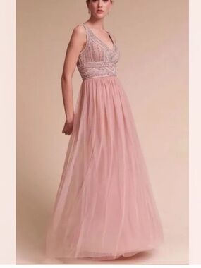 Anthropologie BHLDN Blush Pink Sterling Beaded Gown Sz 16